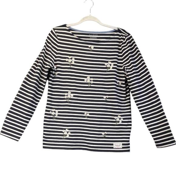 Talbots Womens M Striped Black/White Embroidery Flowers Long Sleeve Preppy - Picture 1 of 6